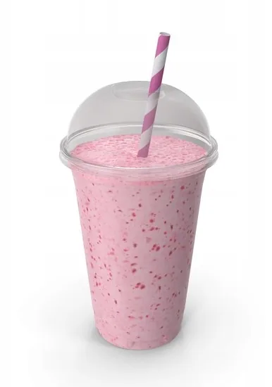 Różowy shake w plastikowym kubku z pokrywką i różową słomką