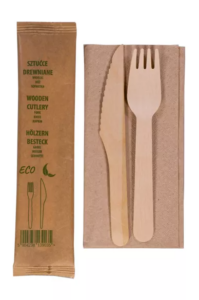Zestaw sztućców drewniany widelec + nóż + serwetka w papierku 300 szt