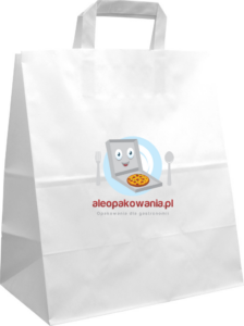 Torba papierowa biała płaski uchwyt 26x14x32 cm Z NADRUKIEM 1 STRONNYM 100 szt