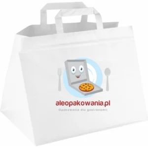 Torba papierowa biała płaski uchwyt 32x22x25 cm Z NADRUKIEM 1 STRONNYM 100 szt CATERING