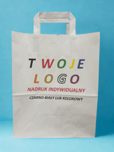 Torba papierowa biała płaski uchwyt 26x14x32 cm Z NADRUKIEM 1 STRONNYM 100 szt