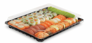 Pojemniki czarne sushi z przykrywką 269×269 mm 25 szt K304PETC DO RECYKLINGU